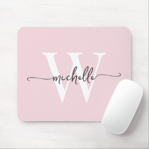 Girly Elegant Blush Pink Monogram Name Script Mouse Pad