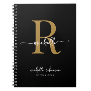 Girly Elegant Chic Black Gold Script Monogram Name Notebook