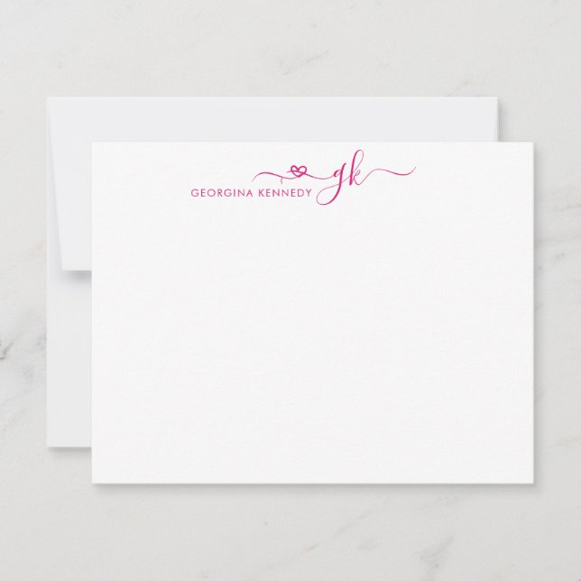Girly Elegant Heart Script 2 Monogram Magenta Pink Card (Front)