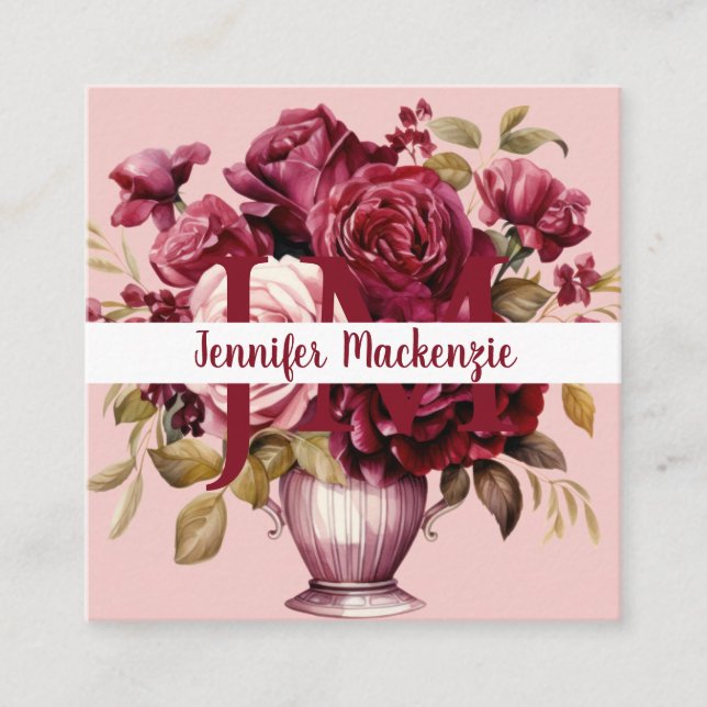 Girly Elegant Pink Burgundy Red Roses Square Business Card (Front)