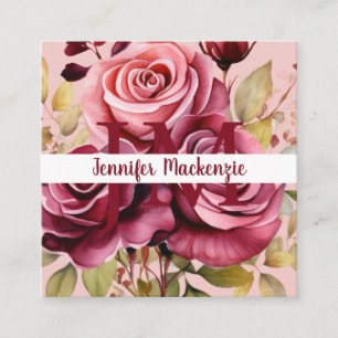 Girly Elegant Pink Burgundy Red Roses Square Business Card