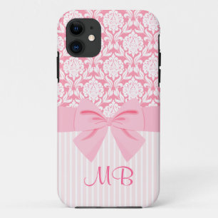 Girly Elegant Pink Damask Wrap Bow Monogram iPhone 11 Case