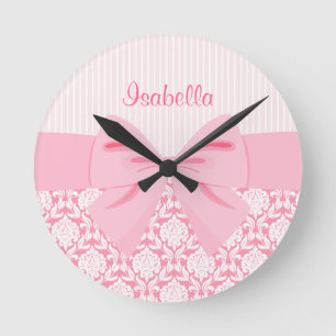 Girly Elegant Pink Damask Wrap Bow Personalised Round Clock