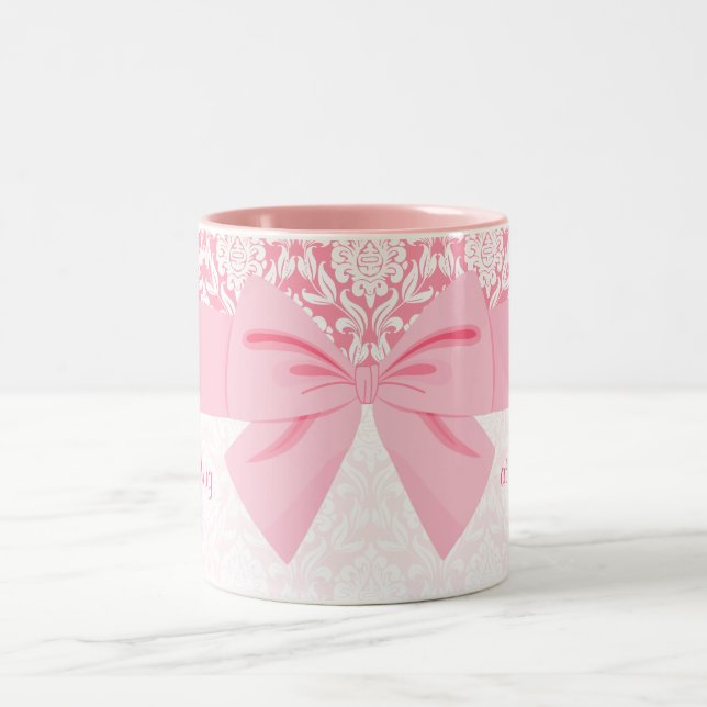 Girly Elegant Pink Damask Wrap Bow Personalised Two-Tone Coffee Mug (Center)