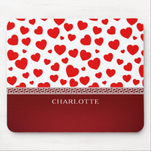 Girly Elegant Red Heart Custom Name Mouse Pad
