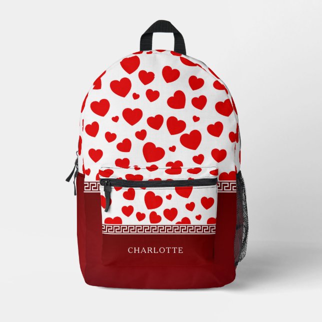 Girly Elegant Red Heart Custom Name  Printed Backpack (Front)