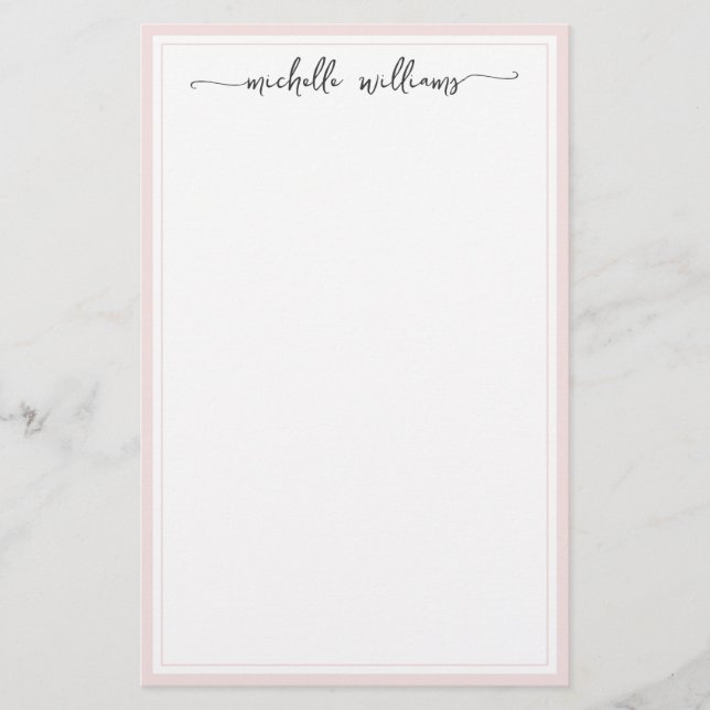 Girly Elegant Signature Script Blush Bordered Stationery (Front)
