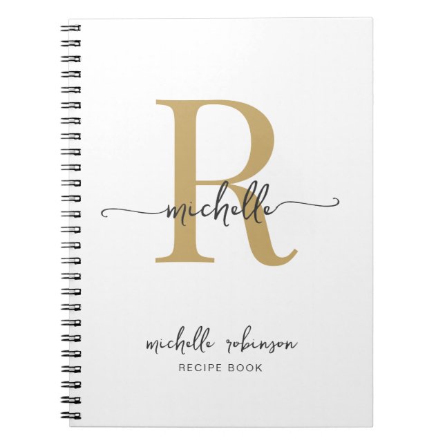 Girly Elegant White Gold Cookbook Recipe Monogram Notebook (Front)