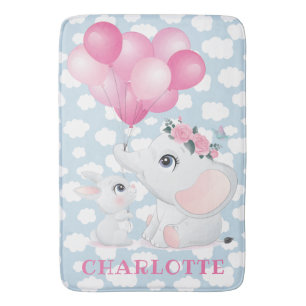 Girly Elephant And Bunny with Flowers and Balloon Bath Mat