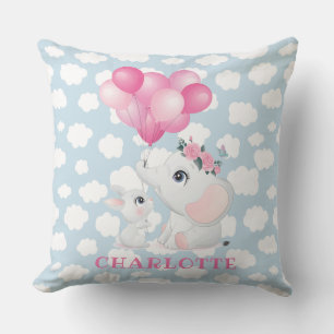 Girly Elephant And Bunny with Flowers and Balloon Cushion
