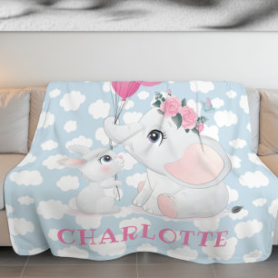 Girly Elephant And Bunny with Flowers and Balloon Fleece Blanket