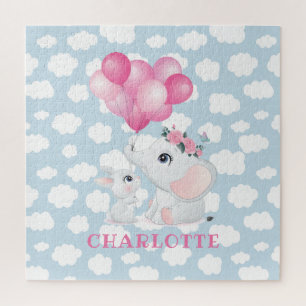 Girly Elephant And Bunny with Flowers and Balloon Jigsaw Puzzle