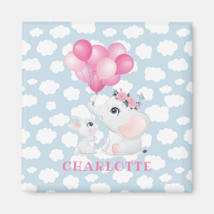 Girly Elephant And Bunny with Flowers and Balloon Magnet