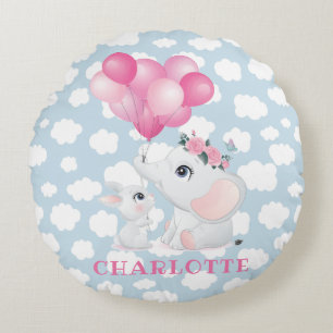 Girly Elephant And Bunny with Flowers and Balloon Round Cushion