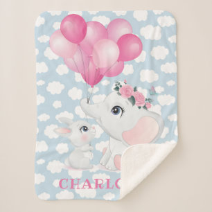 Girly Elephant And Bunny with Flowers and Balloon Sherpa Blanket