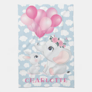 Girly Elephant And Bunny with Flowers and Balloon Tea Towel