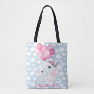 Girly Elephant And Bunny with Flowers and Balloon Tote Bag