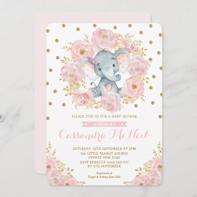 Girly Elephant Blush Pink Floral Baby Girl Shower Invitation (Front/Back)