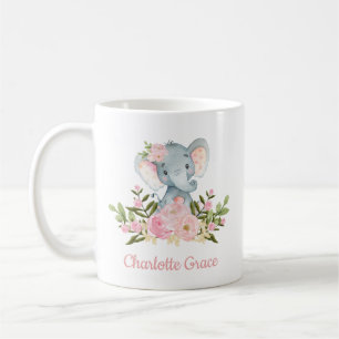 Girly Elephant Blush Pink Watercolor Floral Coffee Mug