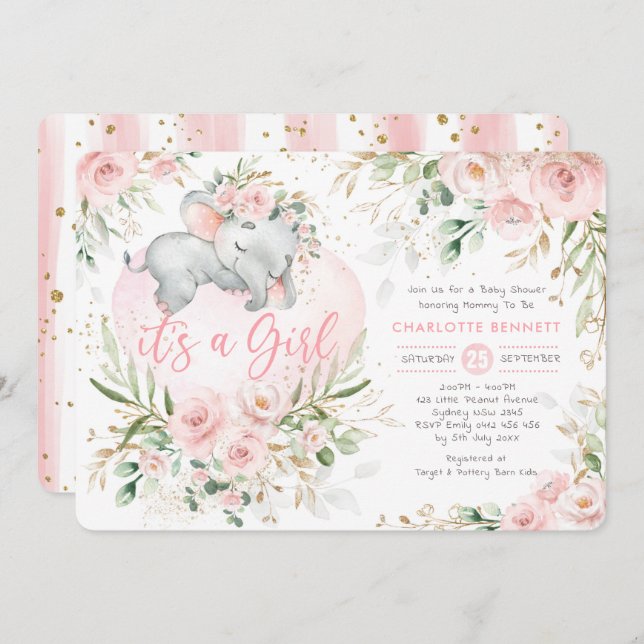 Girly Elephant Pink Blush Gold Flowers Baby Shower Invitation (Front/Back)