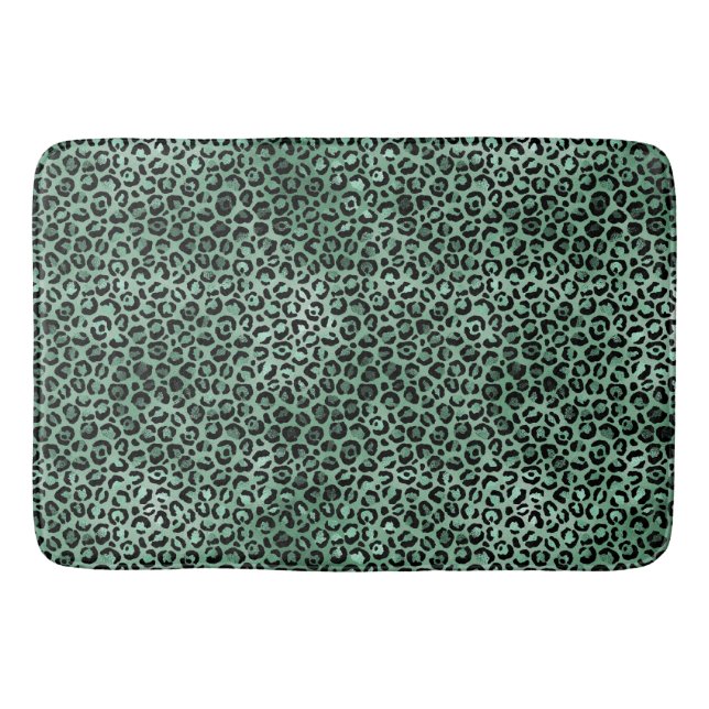 Girly Emerald Green Glam Leopard Print Bath Mat (Front)