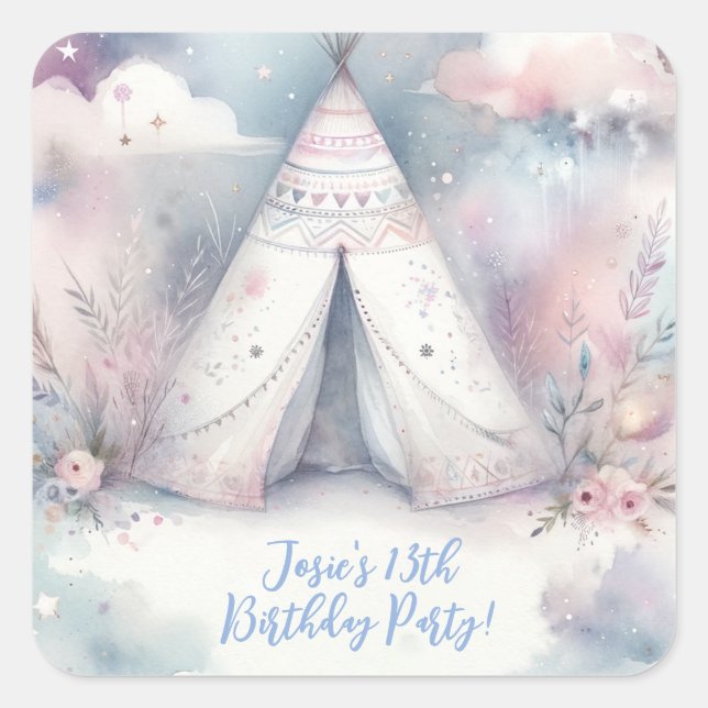 Girly Enchanted Teepee Sleepover Birthday Party Square Sticker (Front)