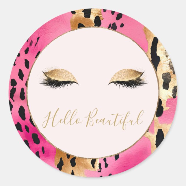 Girly Eyelashes Pink Glam Gold Sparkle Leopard Classic Round Sticker (Front)