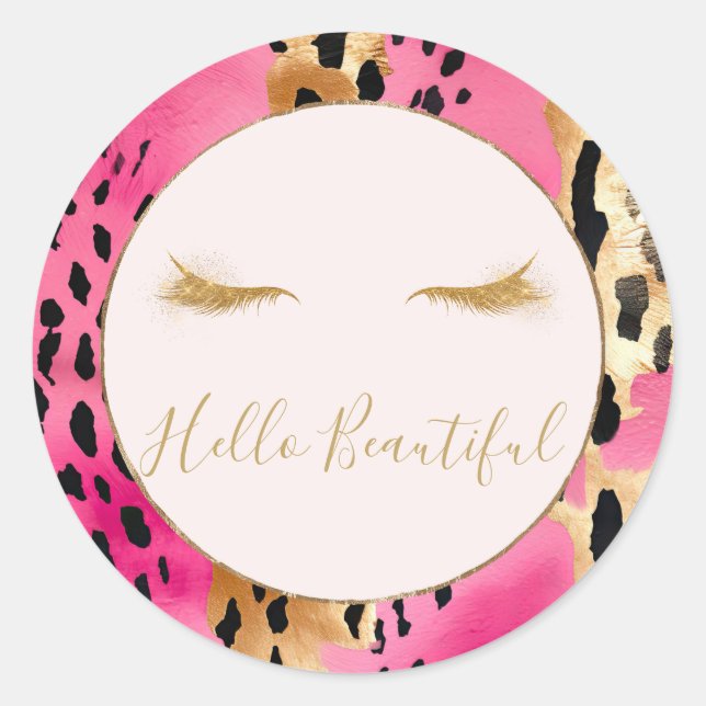 Girly Eyelashes Pink Glam Gold Sparkle Leopard Classic Round Sticker (Front)