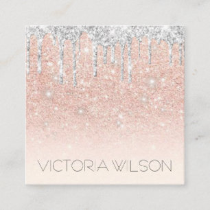 Girly Fading Pink Dusty Rose Silver Glitter Drip Square Business Card