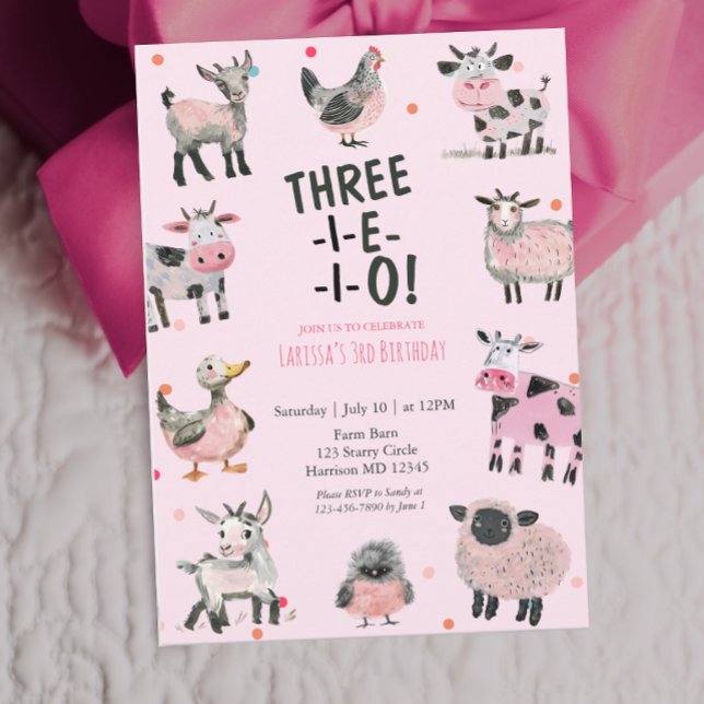 Girly Farm Animal Third Birthday Invitation (Creator Uploaded)