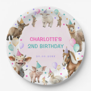 Girly Farm Barnyard Animals Confetti Birthday Girl Paper Plate