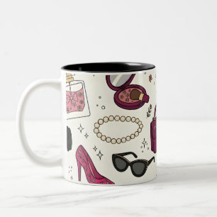 Girly Fashion and Beauty Seamless Pattern Two-Tone Coffee Mug
