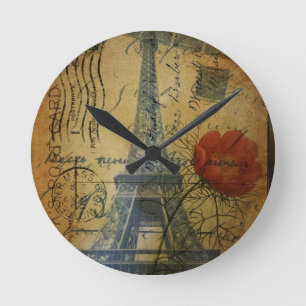 girly fashion floral eiffel tower vintage paris round clock