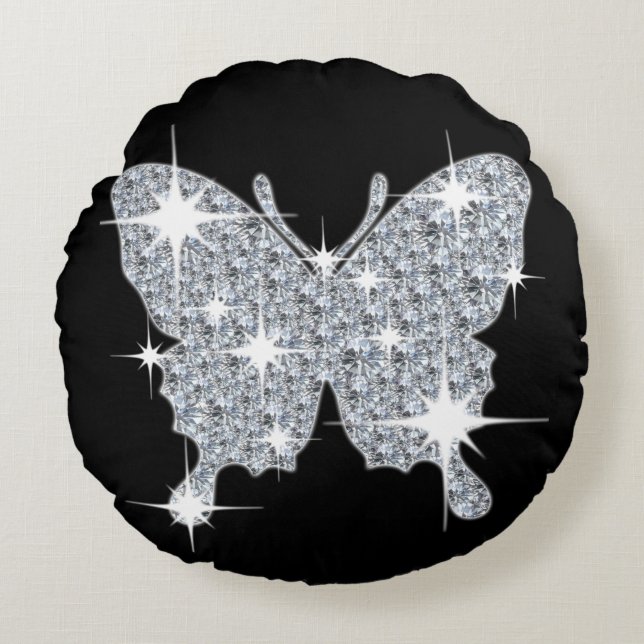 Girly faux Diamond sparkle Butterfly  Round Cushion (Front)