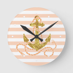 Girly Faux Glitter Anchor Round Clock
