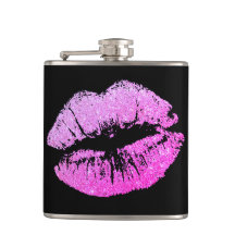 Girly Faux Glitter Purple Lips Black Custom Flask