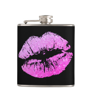 Girly Faux Glitter Purple Lips Black Custom Flask