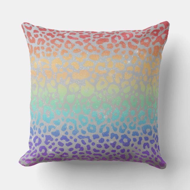 Girly Faux Glitter | Rainbow Leopard Print Cushion (Front)