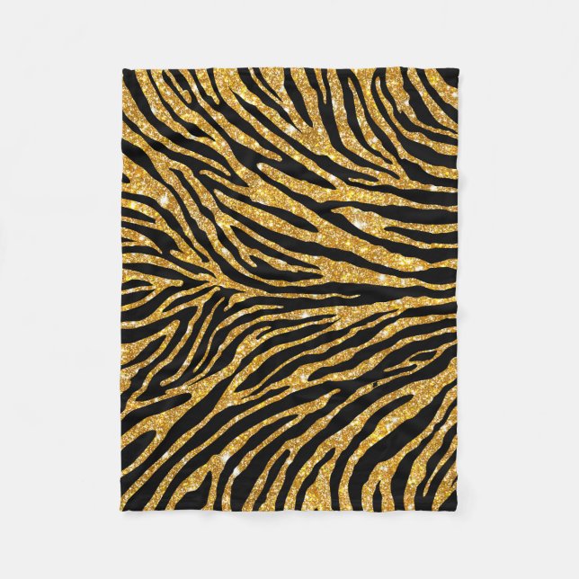 Girly Faux Gold Glitter Black Zebra Pattern Cute Fleece Blanket (Front)