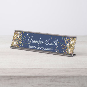 Girly Faux Gold Glitter Midnight Blue Desk Name Plate