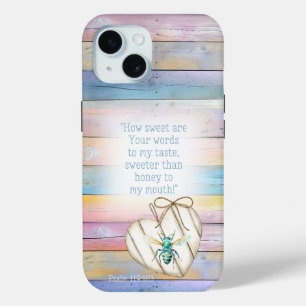 Girly Faux Pastel Wood Heart Turquoise Bee Bible iPhone 15 Case