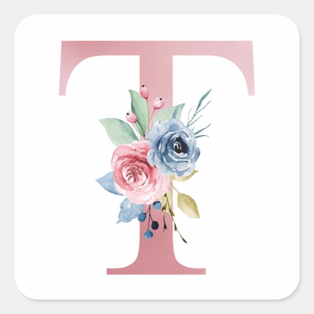 Girly Faux Pink Foil Floral Letter T Monogram Square Sticker (Front)