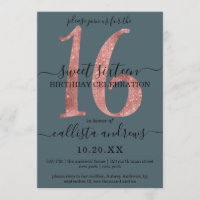 Girly Faux Rose Gold Dusty Blue Glitter Sweet 16