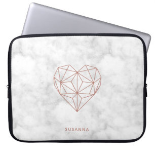 Girly Faux Rose Gold Foil Geometric Heart   Marble Laptop Sleeve