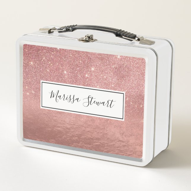 Girly Faux Rose Gold Glitter Crumbled Foil Ombre Metal Lunch Box (Front)