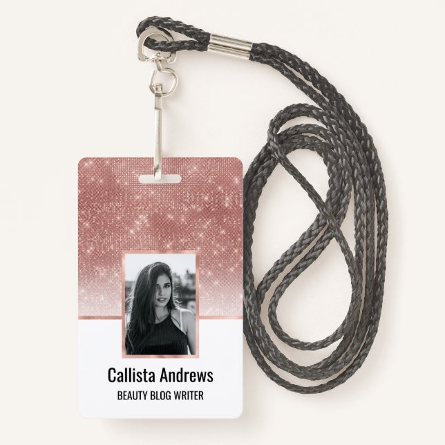Girly Faux Rose Gold Sequin Glitter White Ombre ID Badge (Front with Lanyard)