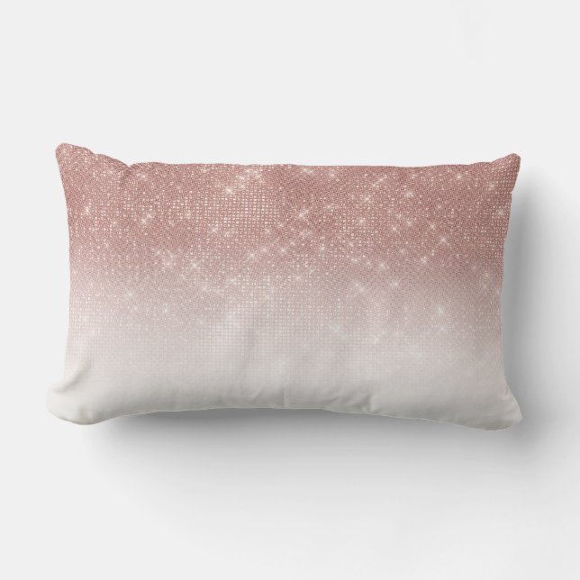 Girly Faux Rose Gold Sequin Glitter White Ombre Lumbar Cushion (Front)