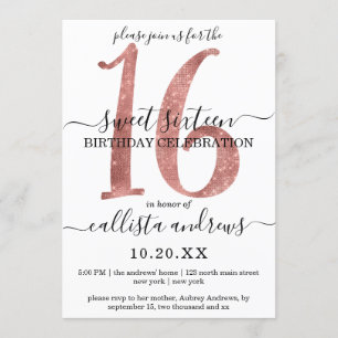 Girly Faux Rose Gold WhiteGlitter Sweet 16 Invitation