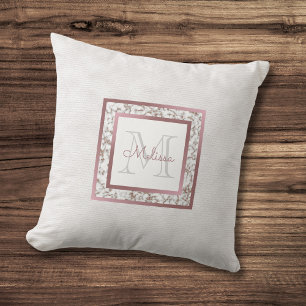 Girly Faux White Leather Marble Rose Gold Monogram Cushion