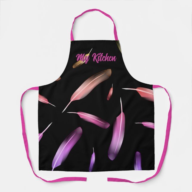 Girly Feathers Pattern Black Pink Script Apron (Front)
